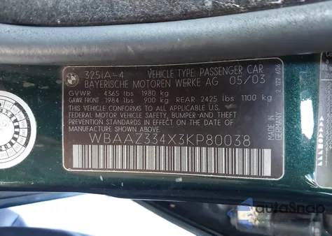 2003 BMW 325I z USA, uszkodzony, nr VIN WBAAZ334X3KP80038